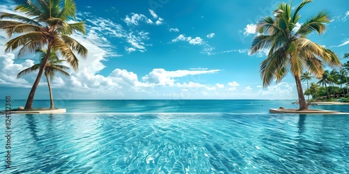 Tropical resort pool party with palm trees against blue summer sky. Concept Pool Party  Tropical Vibe  Palm Trees  Summer Sky  Resort Style