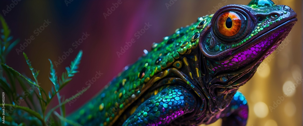 Obraz premium Colorful chameleon with bokeh background