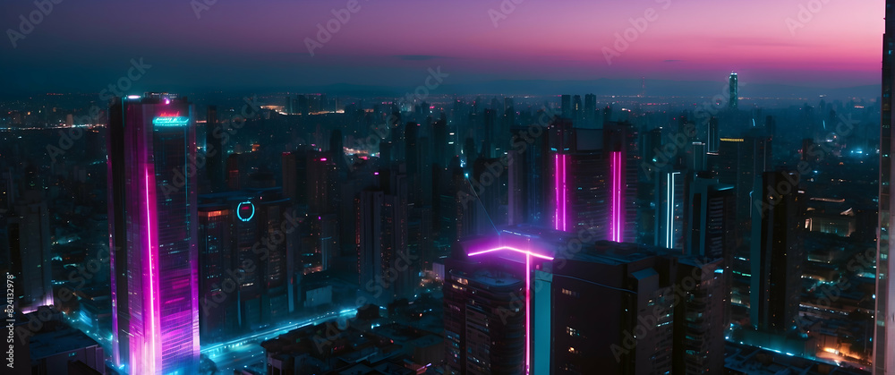 Aerial cityscape with neon lights at dusk Aerial cityscape with neon lights at dusk