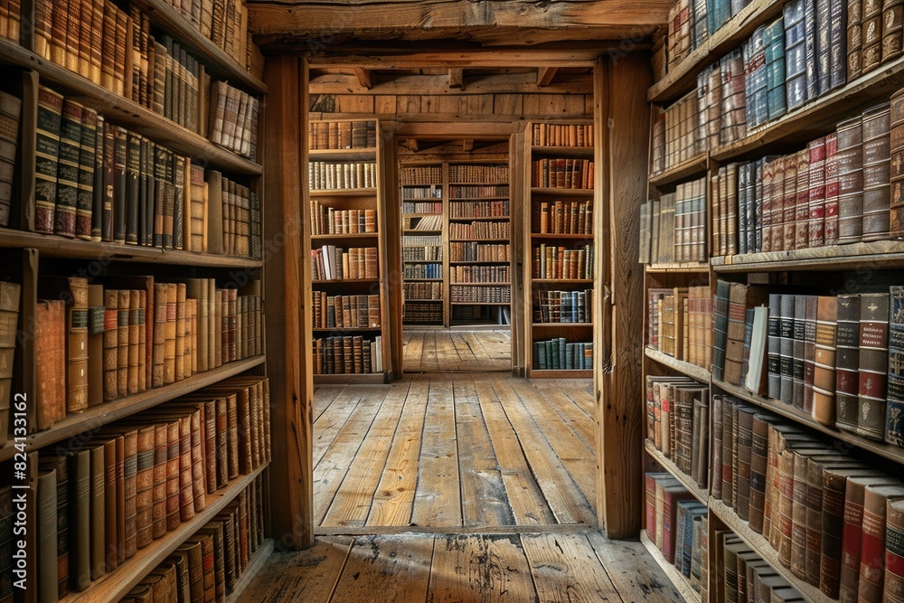 A large library with many bookshelves and a long aisle. The books are arranged in rows and are of various sizes. The library appears to be very old and has a sense of history and knowledge A large library with many bookshelves and a long aisle. The books are arranged in rows and are of various sizes. The library appears to be very old and has a sense of history and knowledge