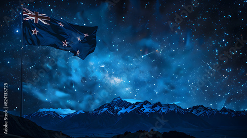 A star cluster called the Pleiades which contains the Matariki star with mountains at night and the New Zealand flag with bold text to commemorate Matariki on July 14 in New Zealand photo