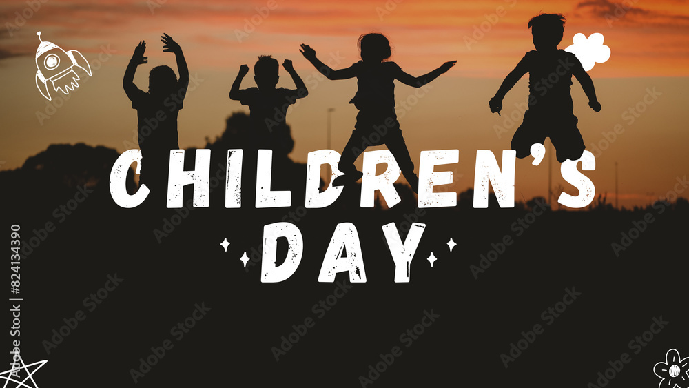 Silhouettes of children celebrating at sunset Silhouettes of children celebrating at sunset