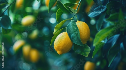 Ripe yellow lemons are found growing on a green branch in the garden store photo