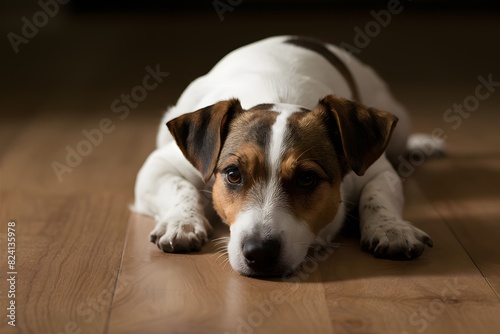 A Jack Russell Terrier with contemplative gaze on a wooden floor