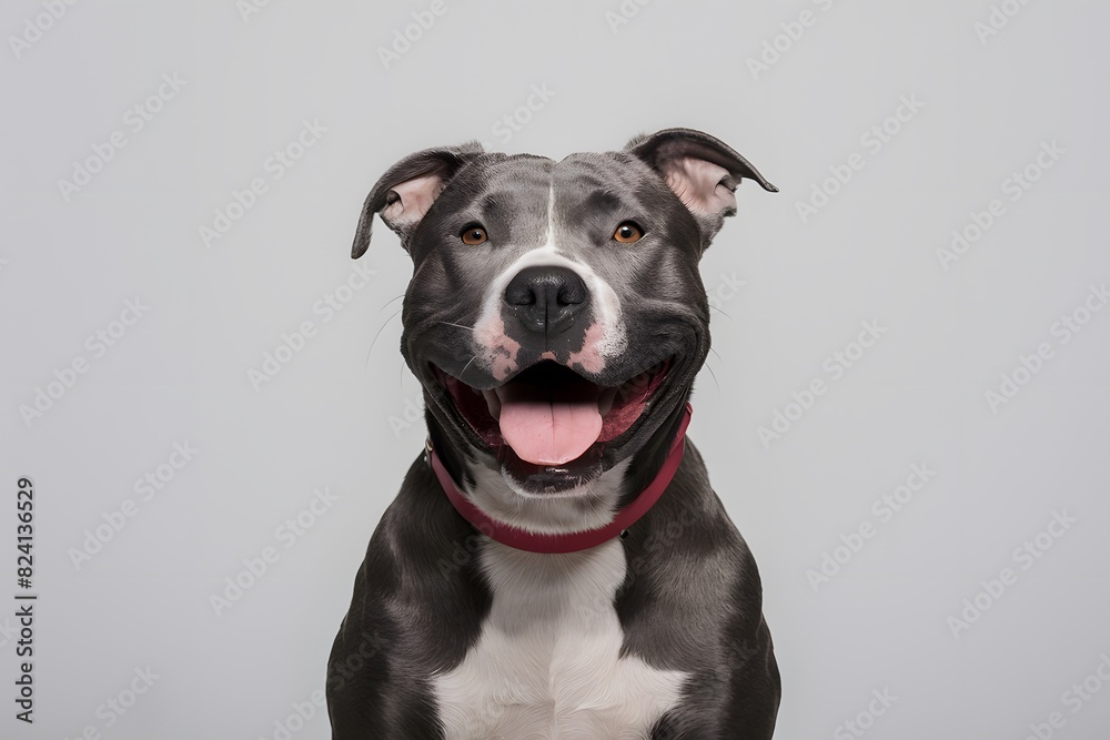 Close up of happy gray pitbull, mouth open in playful grin, against white background