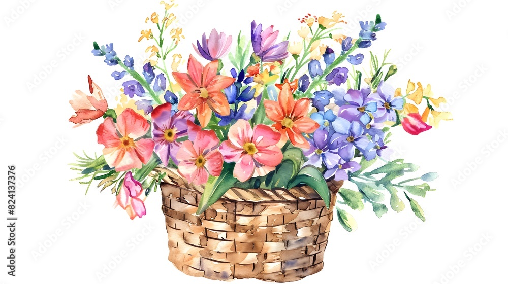 Watercolor of bouquet colorful spring flowers in wicker basket isolated on transparent png background, bouquets greeting or wedding card decoration, beautiful flowers inside buckets concept.
