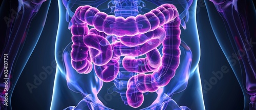 Digital illustration of the human digestive system highlighting the intestines with a dark background photo