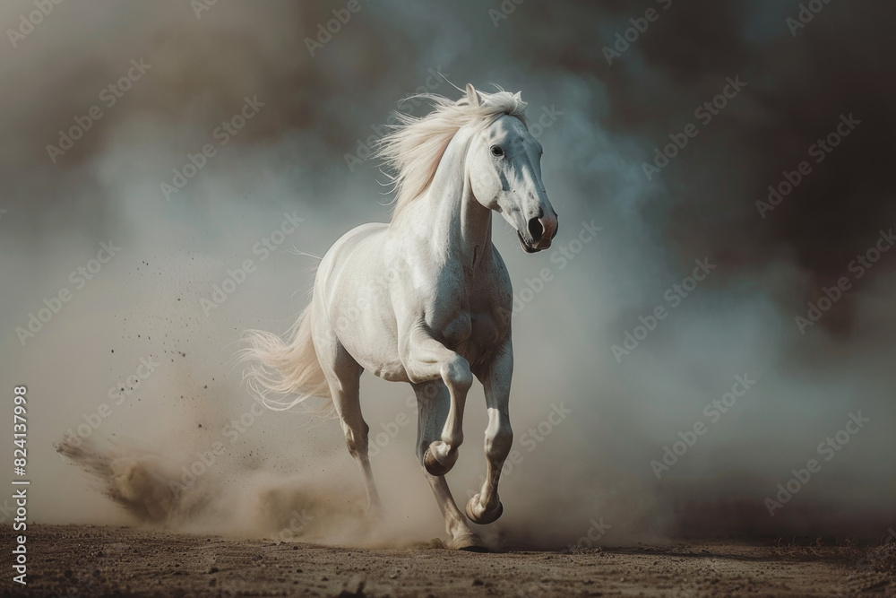 Beautiful white horse running in dust on a dark background Beautiful white horse running in dust on a dark background