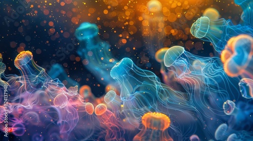 Hypnotic display of bioluminescent jellyfish floating gracefully in dark ocean waters, illuminated by a mesmerizing blend of blue and orange hues, creating an ethereal underwater scene. photo