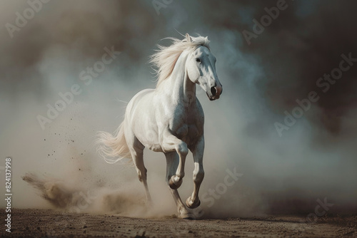 Beautiful white horse running in dust on a dark background