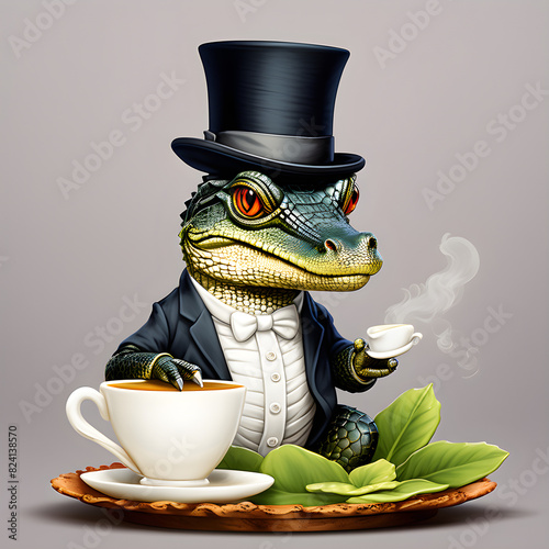 Dapper Crocodile, A Study in Manners,Crocodile, Illustration, Formal, Etiquette, CartoonStyle, Realistic, Suit, GenerativeAI
 photo