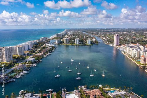 Fototapeta Naklejka Na Ścianę i Meble -  Full aerial sky view of lake Boca Raton 2024 on a sunny day.