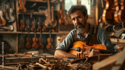 The picture of the violin maker inside the workshop for making or repairing the musical instrument created from wood called violin that must use woodworking skill to work in this occupation. AIG43. photo