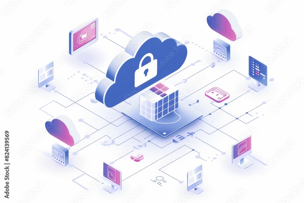 Fototapeta premium Isometric illustration of cloud computing with secure lock icon, emphasizing data protection and connectivity.