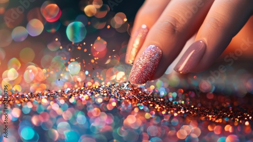 A closeup of someones hand applying glitter to their nails following an augmented reality tutorial for a festive manicure. photo