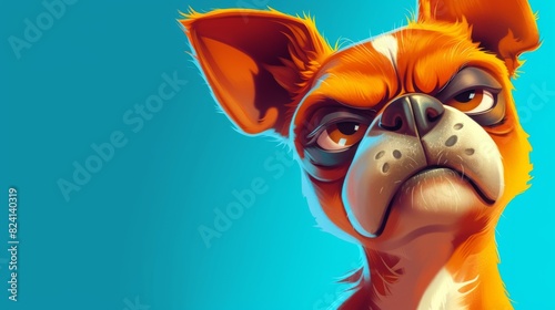 Digital illustration of a chihuahua with a frowning face and a funny expression, set against a vibrant blue background. photo