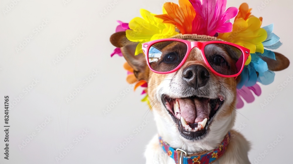 Funny Party Dog with Colorful Summer Hat and Stylish Sunglasses on White
