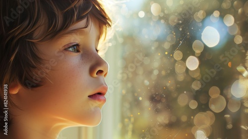 A young boy with light brown hair and freckles looks with awe through a window, sunlight highlighting his gentle features.