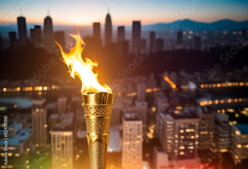 A golden Olympic torch with a flame burning brightly against a colorful cityscape photo