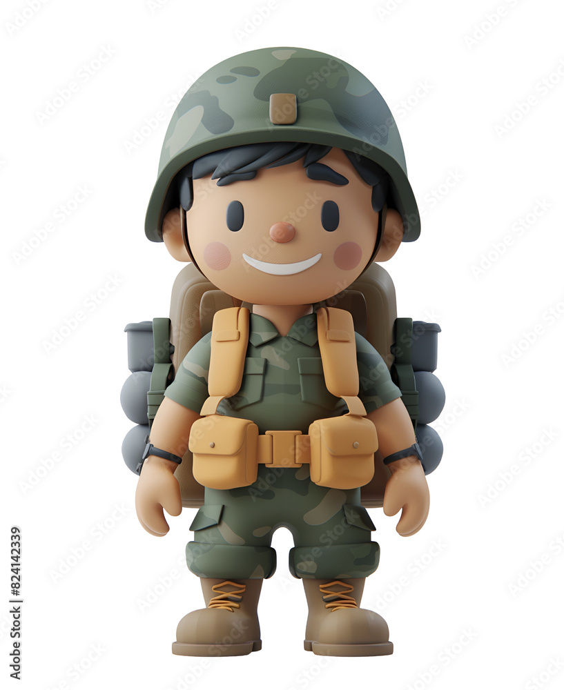 3D Render Illustration of Chibi Cartoon Character: Happy Man with Helmet in Army Soldier, Isolated on Transparent Background, PNG 3D Render Illustration of Chibi Cartoon Character: Happy Man with Helmet in Army Soldier, Isolated on Transparent Background, PNG