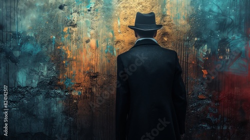 A mysterious man in a fedora stands with his back against a vibrant, textured wall, evoking a sense of urban mystery and isolation photo