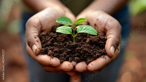 four hands holding soil with a sapling in it.