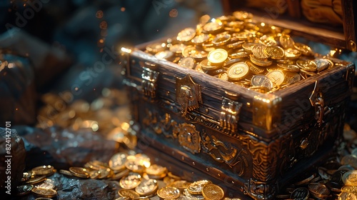 An open treasure chest filled with gold bars and coins scattered around it. © MIX  STOCK  IMAGE