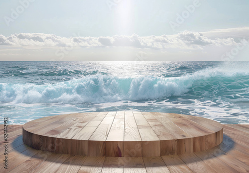 Wooden round podium with ocean background  display product platform on wooden floor with sea wave and sunlight  stage for showcase or presentation of products