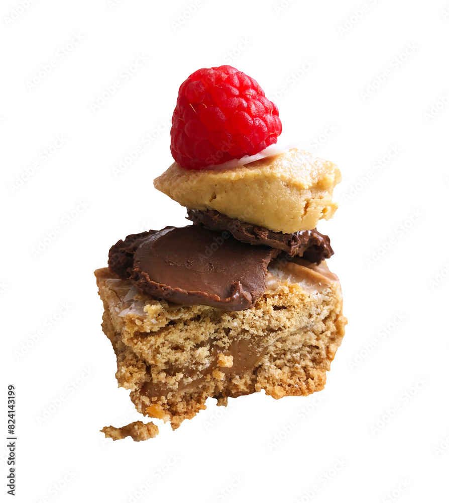 delicious and beautiful dessert, layer cake with chocolate cream, peanut butter and raspberries. isolated object delicious and beautiful dessert, layer cake with chocolate cream, peanut butter and raspberries. isolated object