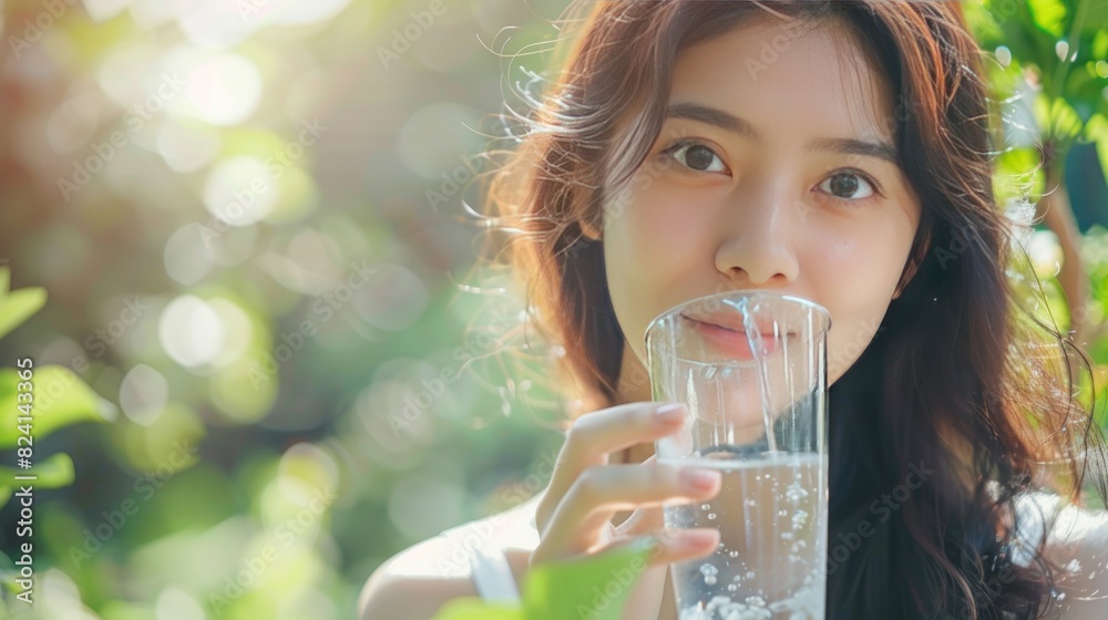 Attractive Asian Woman drinking water at garden. Woman with health care concept. Attractive Asian Woman drinking water at garden. Woman with health care concept.