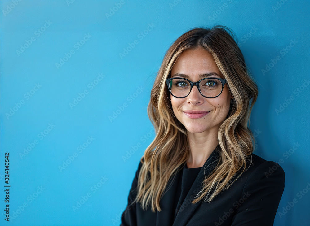 Fototapeta premium A woman with glasses stands against a blue wall