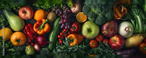 Various fresh fruits and vegetables for healthy eating and vegetarian diet nutrition