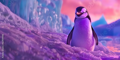 An animated penguin influencer explores icy landscapes and blogs about climate change. Concept Animated Characters, Environmental Conservation, Climate Awareness, Icy Landscapes