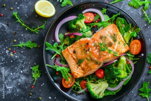 Grilled salmon fish fillet and fresh green leafy vegetable salad with tomatoes, red onion and broccoli. Healthy food. Ketogenic lunch. Top view - generative ai