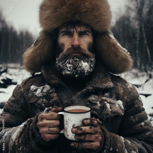 Portrait of a Stern Russian Man with a Red, Frozen Nose, and Coal-Streaked Hands in the Wilderness with Mustache, Ushanka Hat, and Shearling Coat, Holding a Metal Cup Amidst Snow and Birch Trees photo