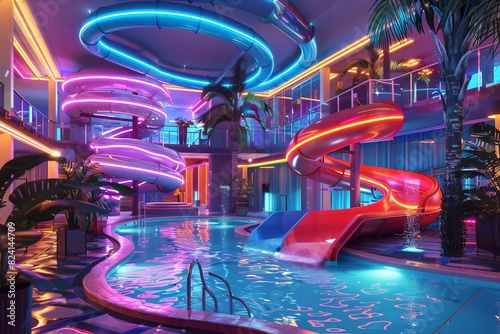 futuristic neonlit indoor water park with thrilling slides and pools 3d illustration photo