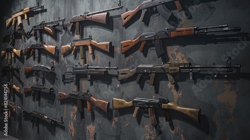 Collection of rifles and carbines on the wall realistic photo