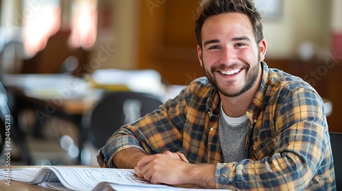 A young man with a beard and plaid shirt smiles while sitting at a table with papers and a laptop.