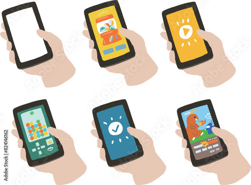 いろいろなアプリゲームとスマホを持つ手のポップなイラストセット