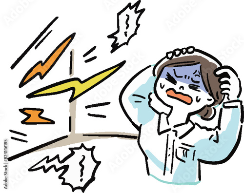 隣の部屋の騒音にイライラする女性の漫画風イラスト