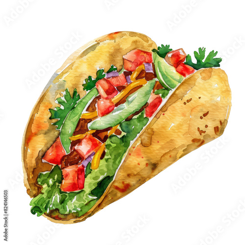 Mexican food taco in watercolor painting style illustration isolated on transparent background.