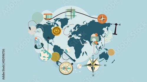 A creative representation of a world map surrounded by various exploration and navigation icons, evoking the spirit of adventure and travel.