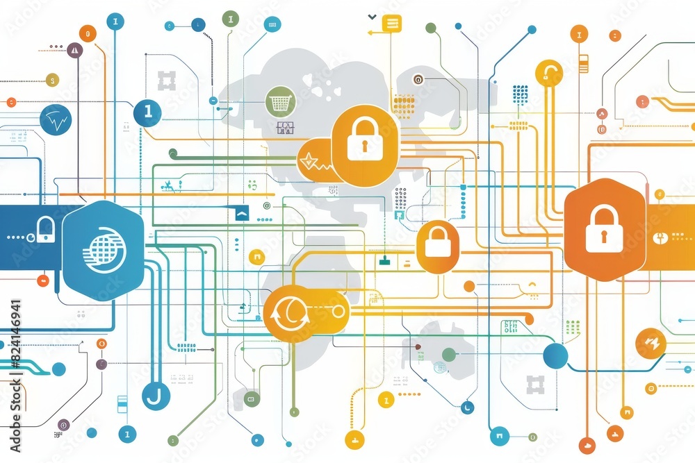 Advanced Cloud Security with Digital Data Network and Connected Devices in Yellow and Orange