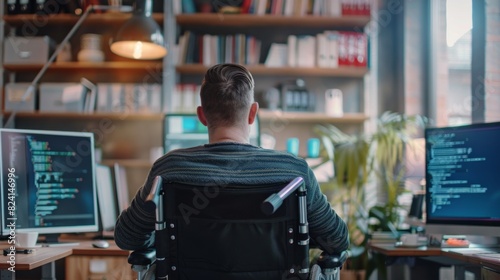 disabled adult man using wheelchair at office workplace generative ai photo