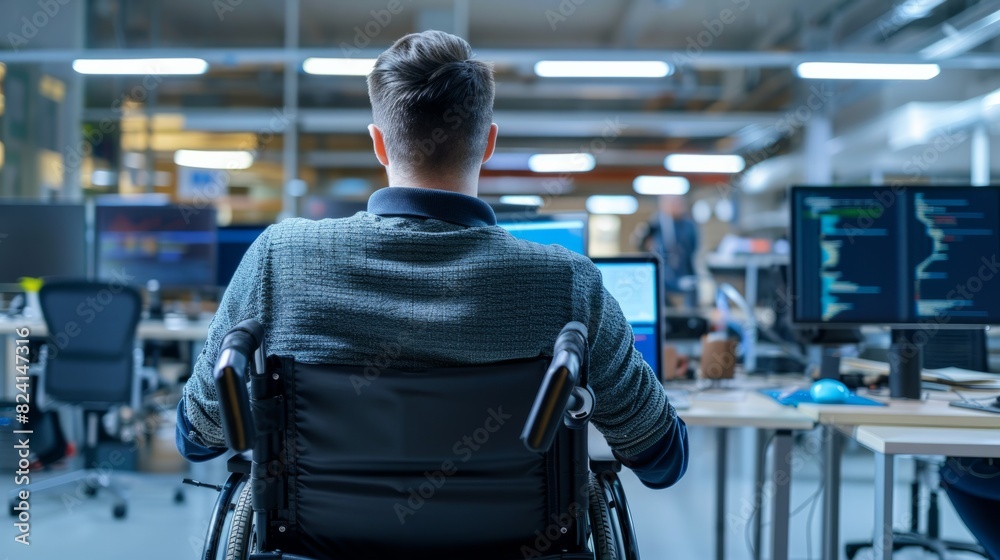disabled adult man using wheelchair at office workplace generative ai disabled adult man using wheelchair at office workplace generative ai