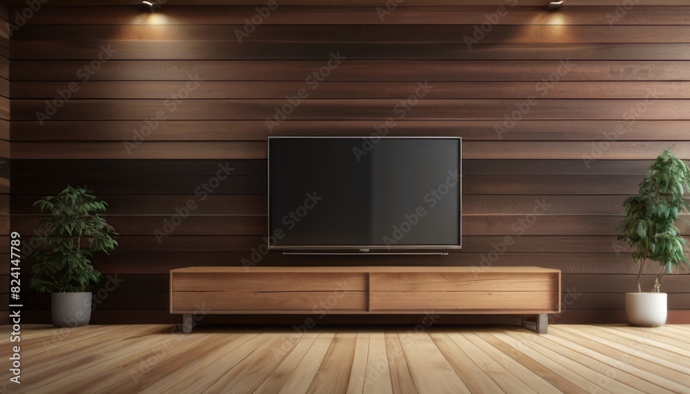 Interior home of living room with cabinet for TV LED on wooden wall copy space, hardwood floor Interior home of living room with cabinet for TV LED on wooden wall copy space, hardwood floor