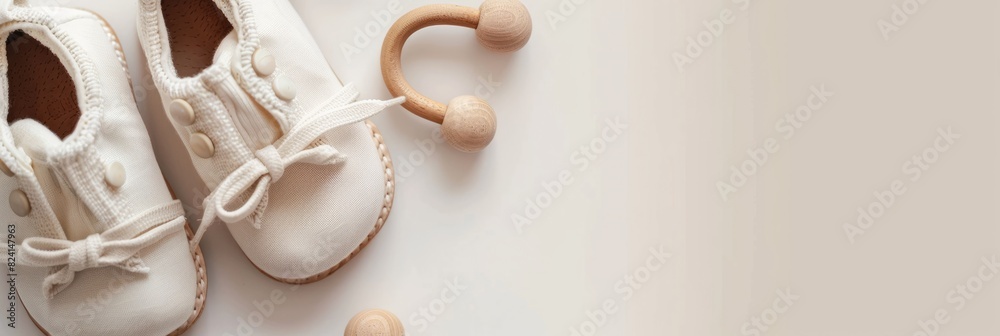 Baby shoes and teethers. Organic newborn accessories. copy space Baby shoes and teethers. Organic newborn accessories. copy space