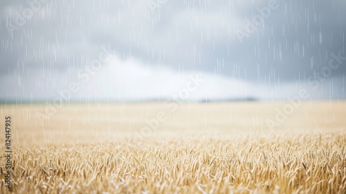 Close-up of rain pouring down on a ripe wheat field, with blurred background, highlighting the freshness of summer rain.