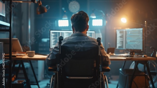 disabled adult man using wheelchair at office workplace generative ai photo