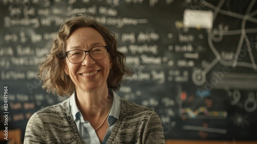 The picture of the teacher or professor in classroom of the school with blackboard background that has been write with chalk about lesson like math, physics, chemistry or biology for learning. AIG43.